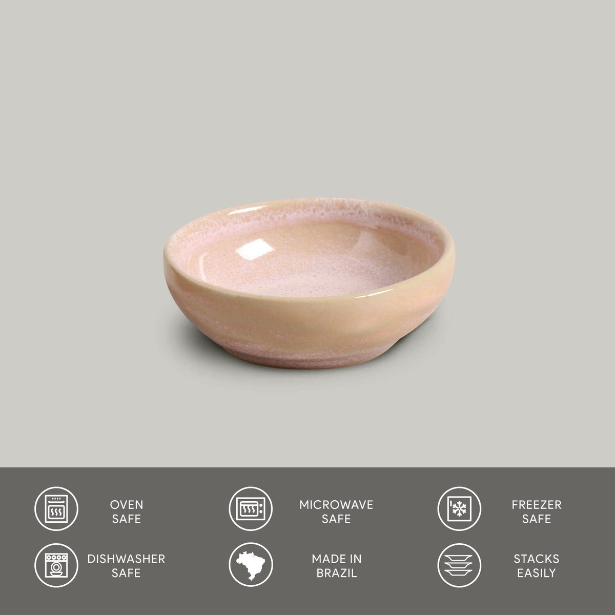Ceramic bowl on a gray background with safety and feature icons at the bottom.