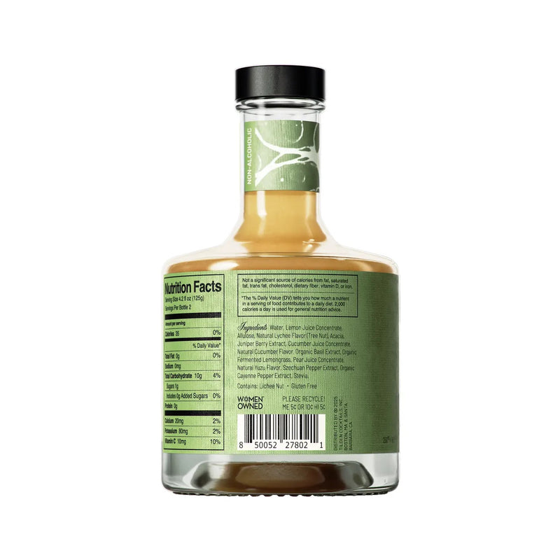 Bottle of non-alcoholic cocktail with a green label on a white background