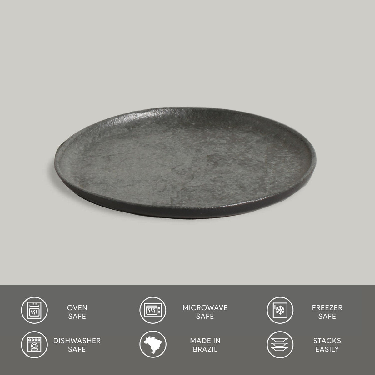 Black ceramic plate on a gray background with safety and feature icons below.