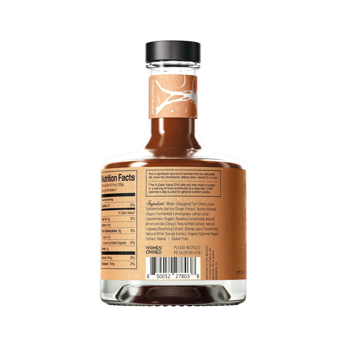 Bottle of non-alcoholic cocktail with a label on a white background