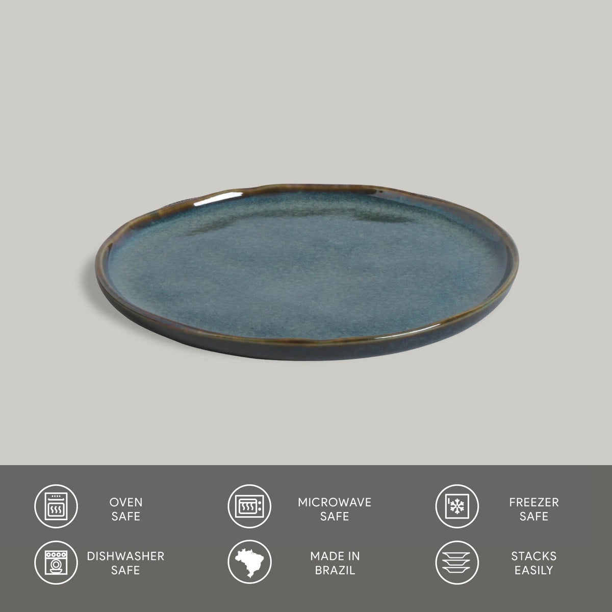 Blue ceramic plate on a gray background with safety and feature icons at the bottom.