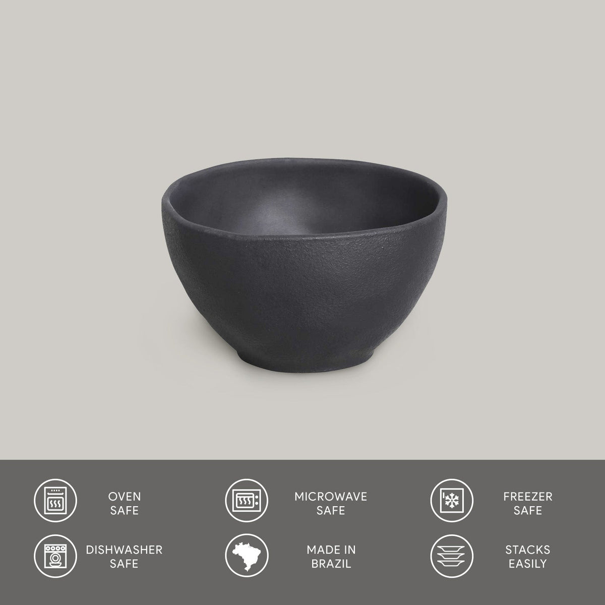 Black ceramic bowl on a gray background with safety and feature icons below.