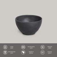 Black ceramic bowl on a gray background with safety and feature icons below.