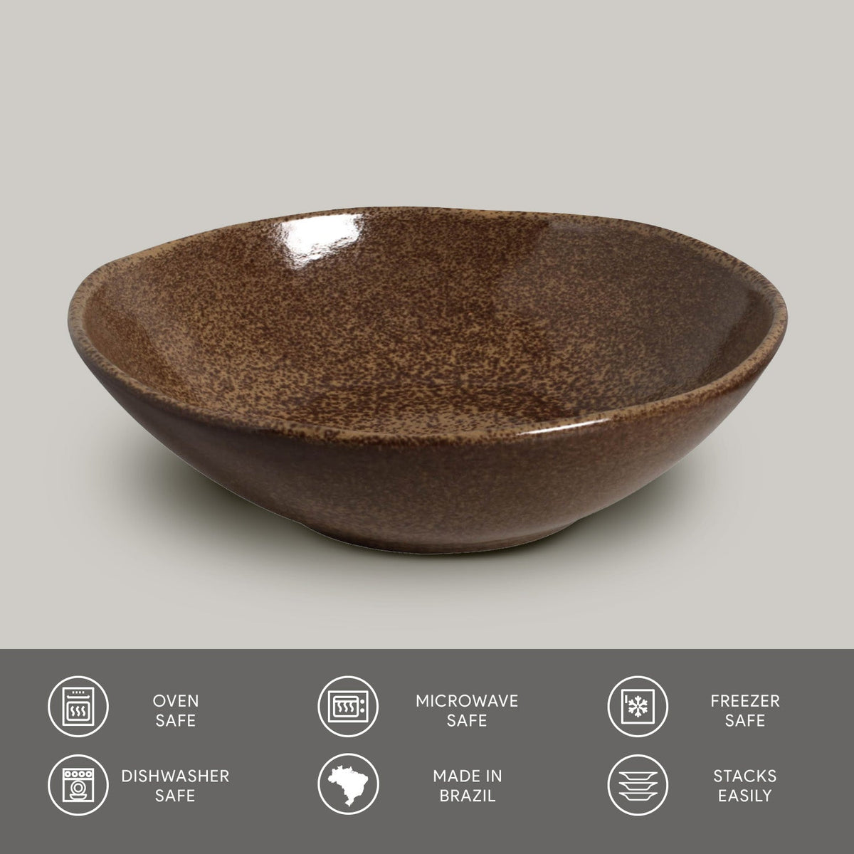 Brown ceramic bowl on a light gray background with safety and feature icons at the bottom.
