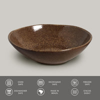Brown ceramic bowl on a light gray background with safety and feature icons at the bottom.