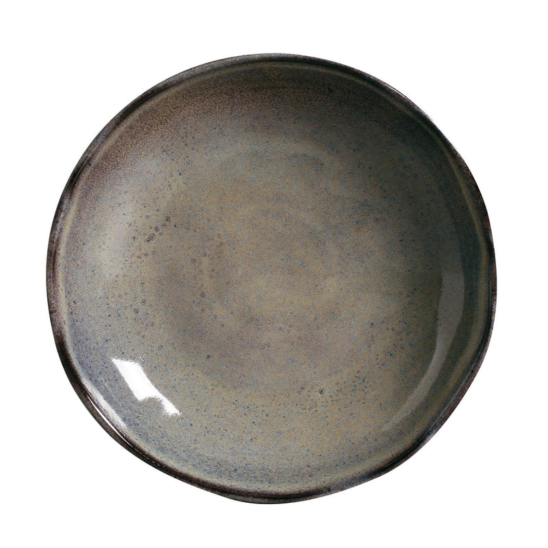 Round ceramic bowl with a speckled gray finish on a white background