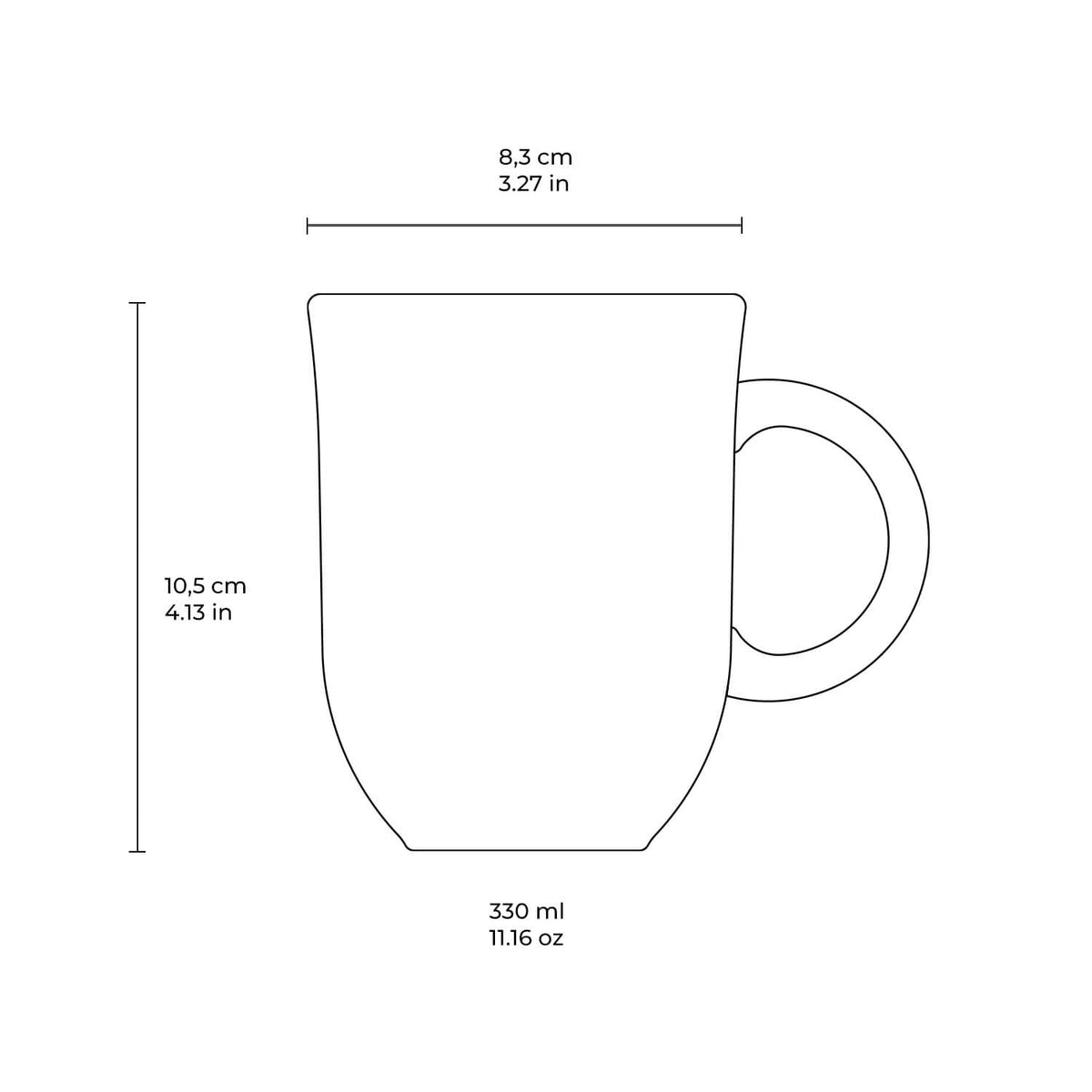 Line drawing of a mug with dimensions labeled