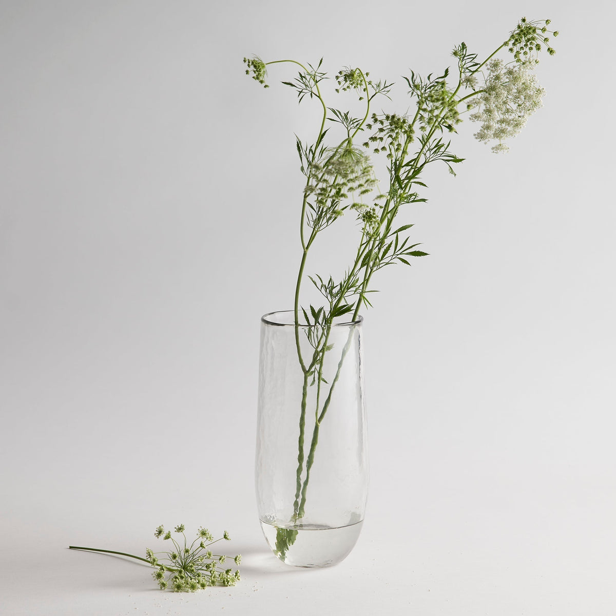 Clear glass vase with green stems on a light gray background