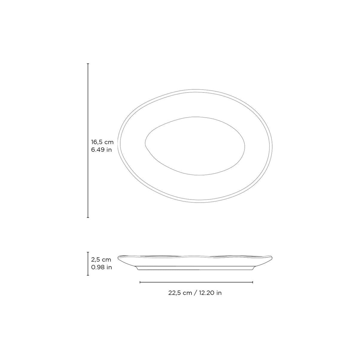 Measurement chart of a plate with dimensions in centimeters and inches.