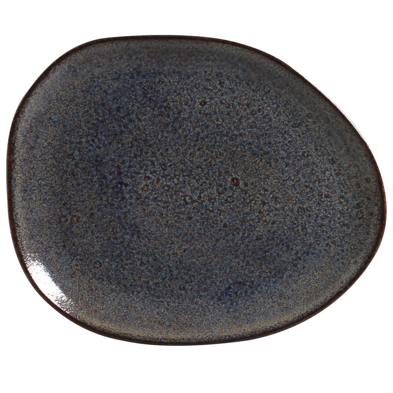 Dark speckled ceramic plate on a white background