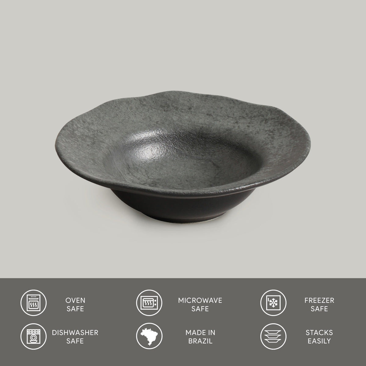 Dark gray ceramic bowl on a light gray background with safety and feature icons at the bottom.