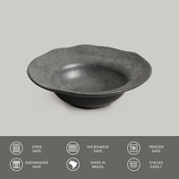 Dark gray ceramic bowl on a light gray background with safety and feature icons at the bottom.