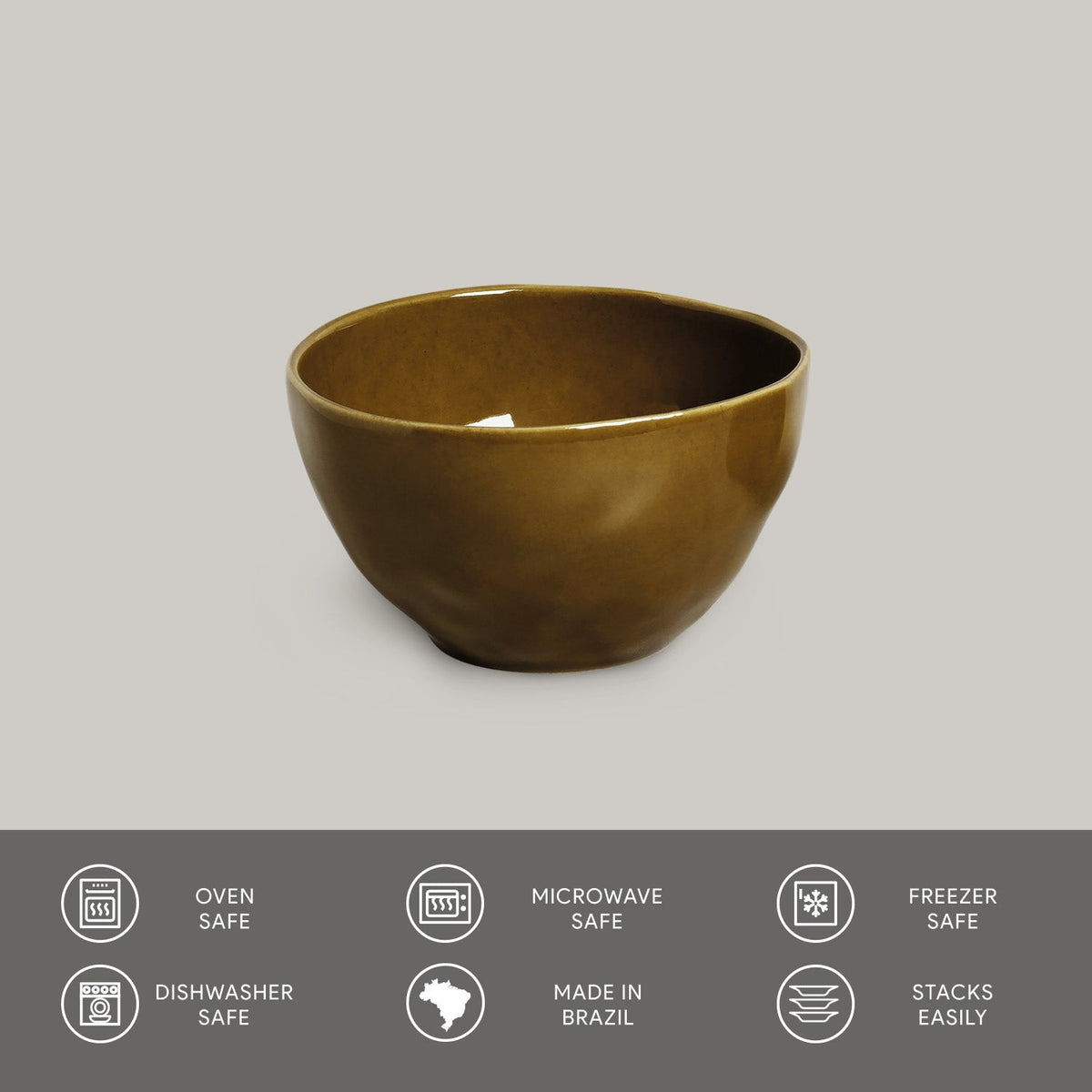 Brown ceramic bowl on a gray background with safety and feature icons at the bottom.
