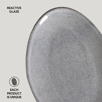 Close-up of a gray ceramic plate with 'Reactive Glaze' text and 'Each Product is Unique' label.
