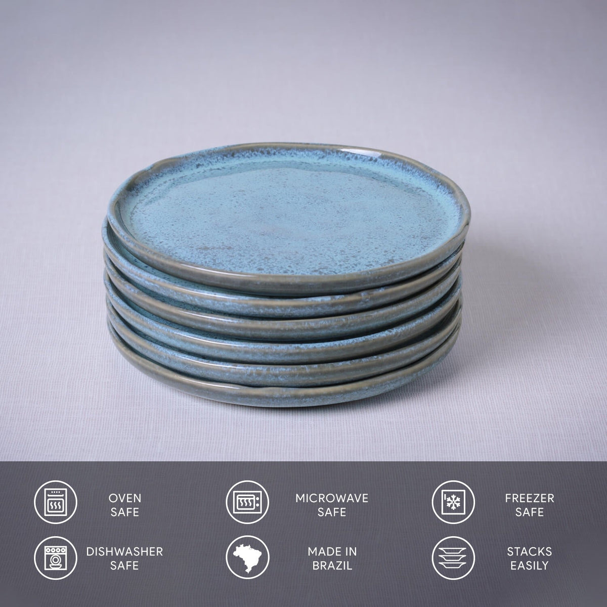 Stack of blue ceramic plates on a light gray background with safety and feature icons at the bottom.