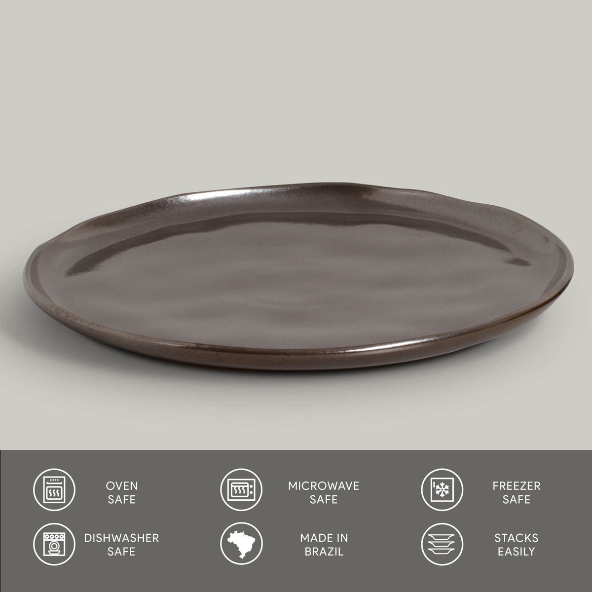 Brown ceramic plate on a gray background with safety and feature icons at the bottom.