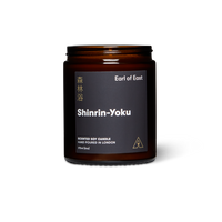 Dark jar scented soy wax candle with label reading Earl of East Shinrin-Yoku