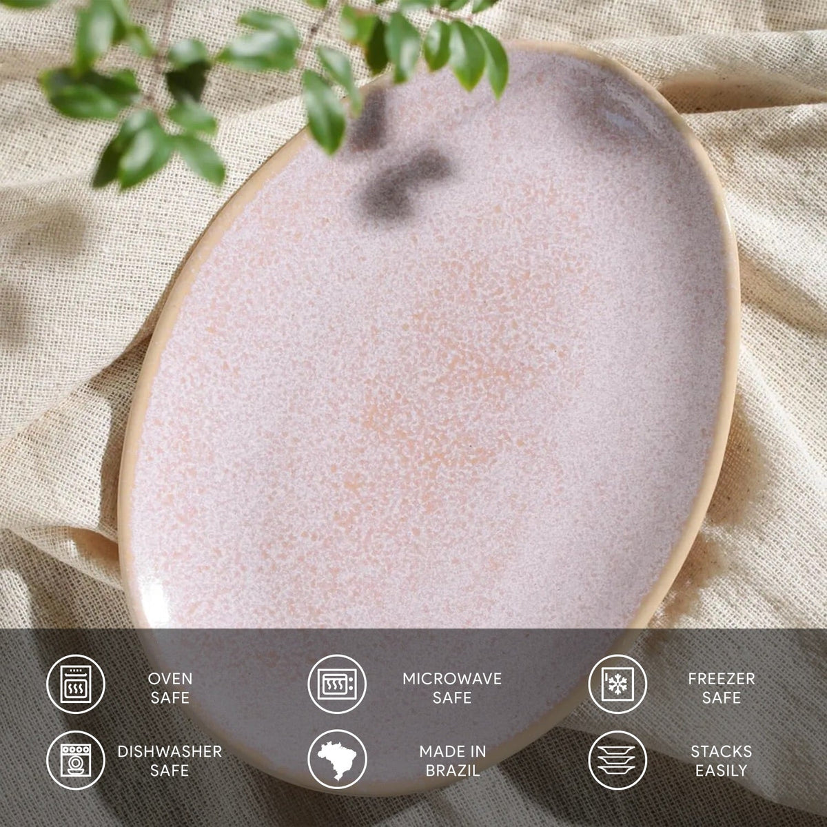 Ceramic plate with textured surface on a natural fabric background