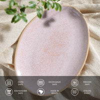 Ceramic plate with textured surface on a natural fabric background