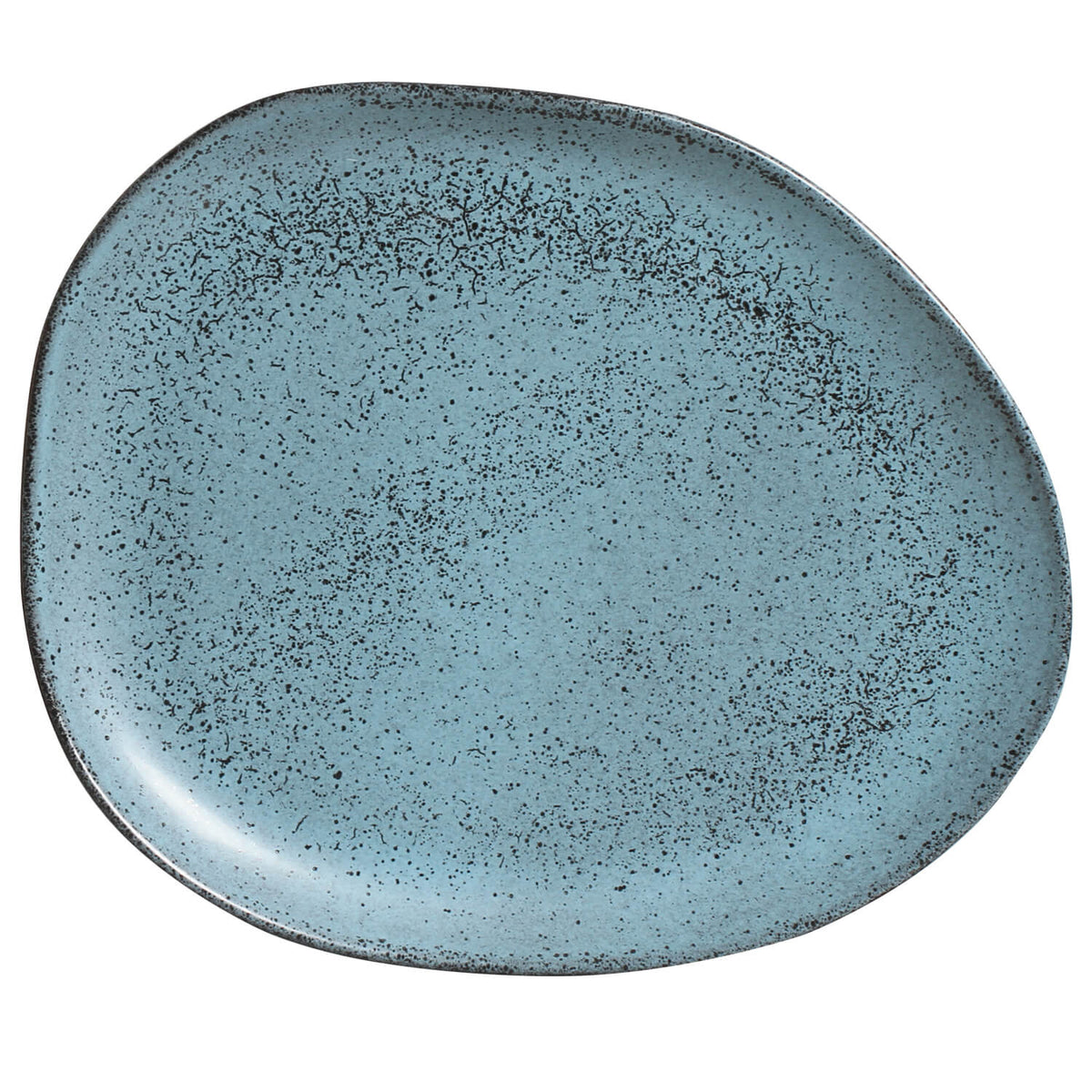 Blue ceramic plate with speckled texture on a white background