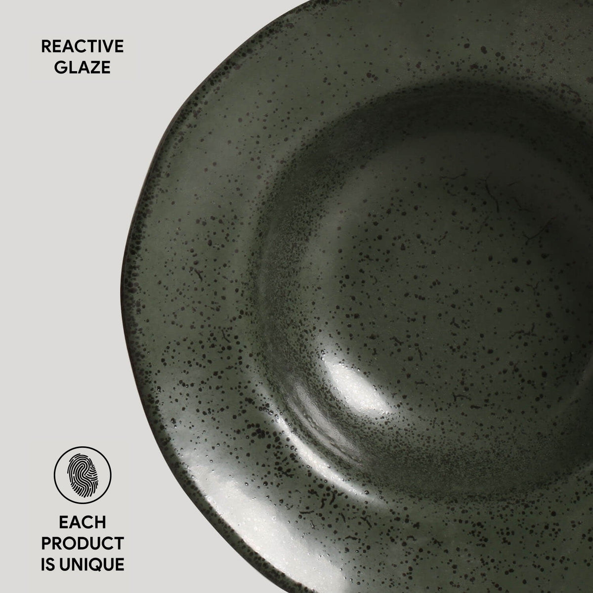 Dark green ceramic bowl with speckled texture on a light gray background, labeled 'Reactive Glaze'.