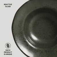 Dark green ceramic bowl with speckled texture on a light gray background, labeled 'Reactive Glaze'.