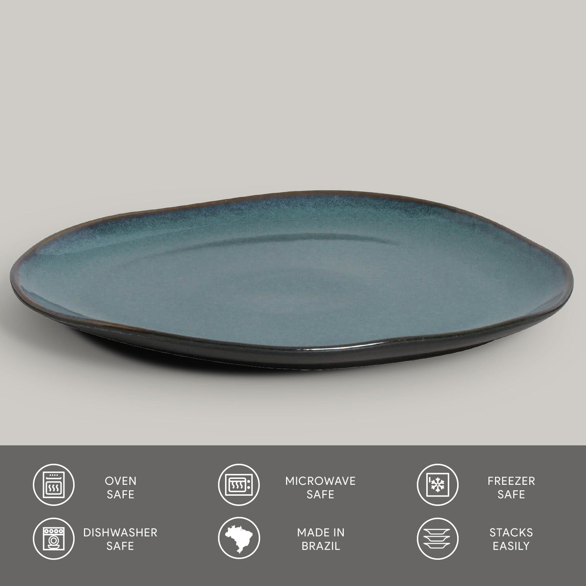 Teal ceramic plate on a gray background with safety and feature icons at the bottom.