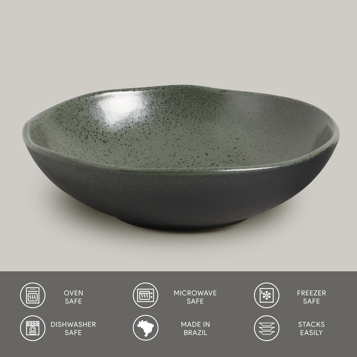 Green ceramic bowl on a light gray background with safety and feature icons at the bottom.