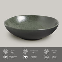 Green ceramic bowl on a light gray background with safety and feature icons at the bottom.