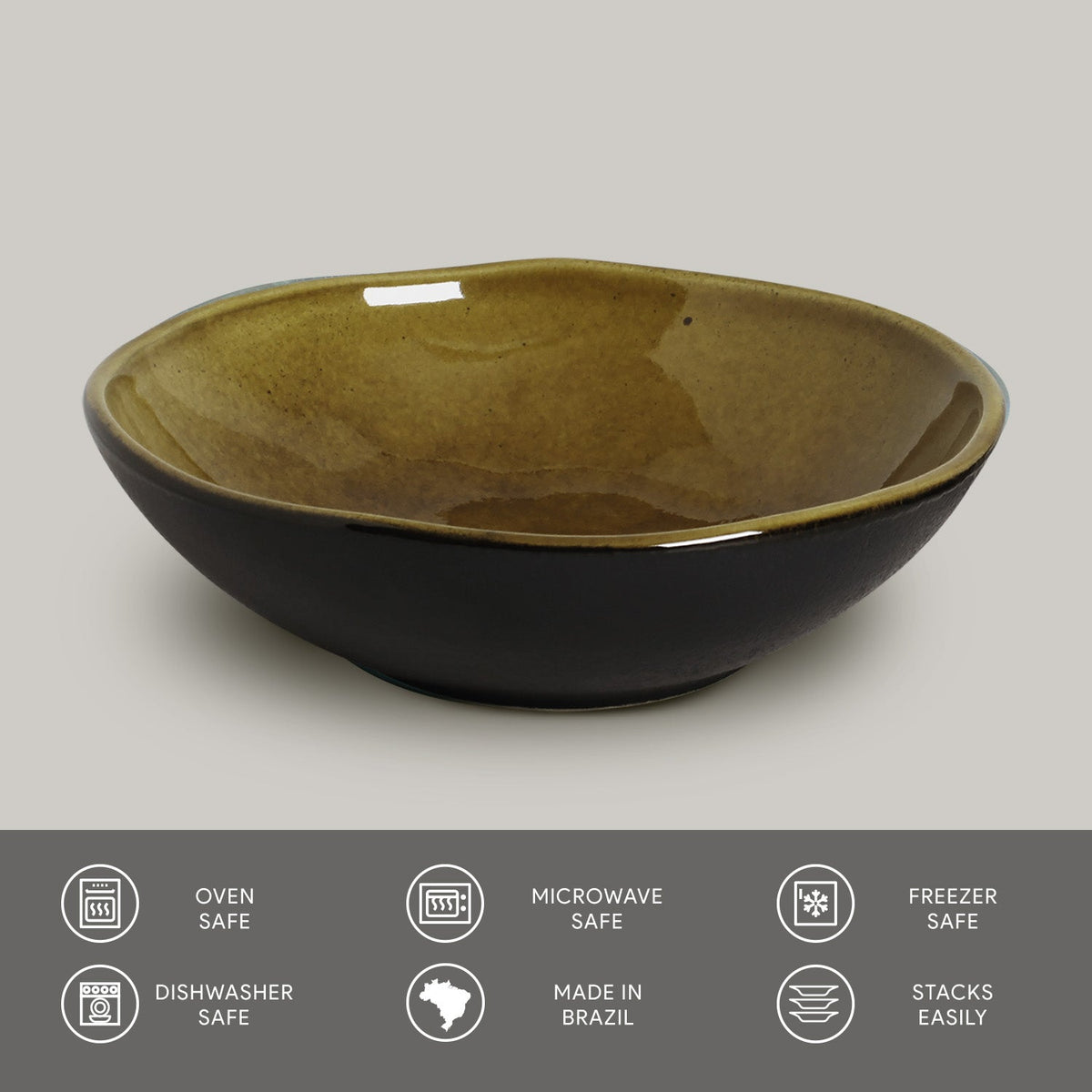 Brown ceramic bowl on a light gray background with safety and feature icons at the bottom.