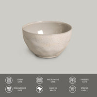 Ceramic bowl on a gray background with safety and feature icons at the bottom.