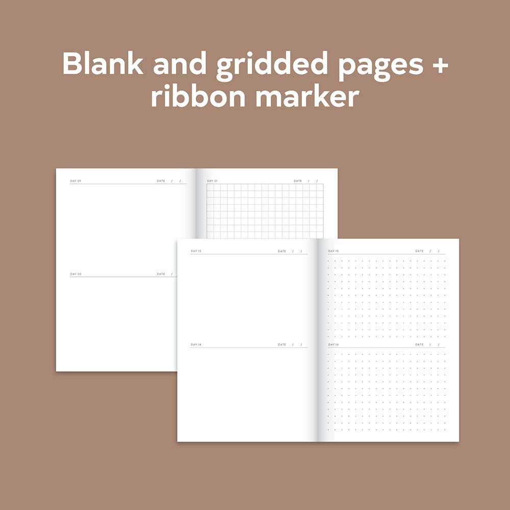 Set of blank and gridded pages with a ribbon marker on a brown background