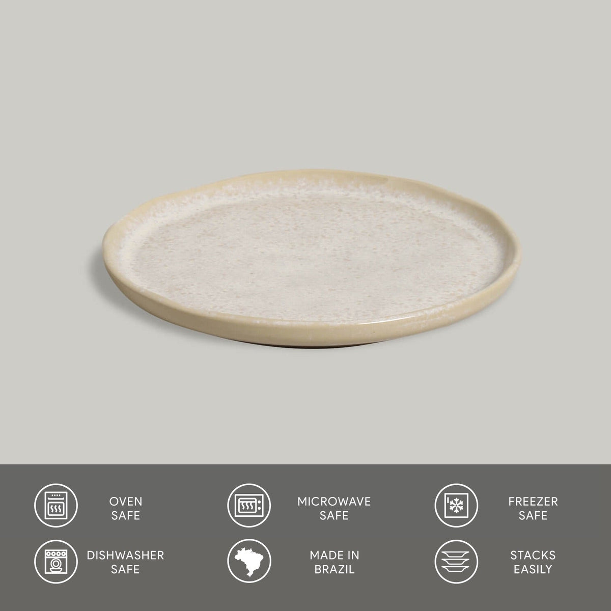 Round ceramic plate with beige rim on a gray background, featuring safety and origin icons.
