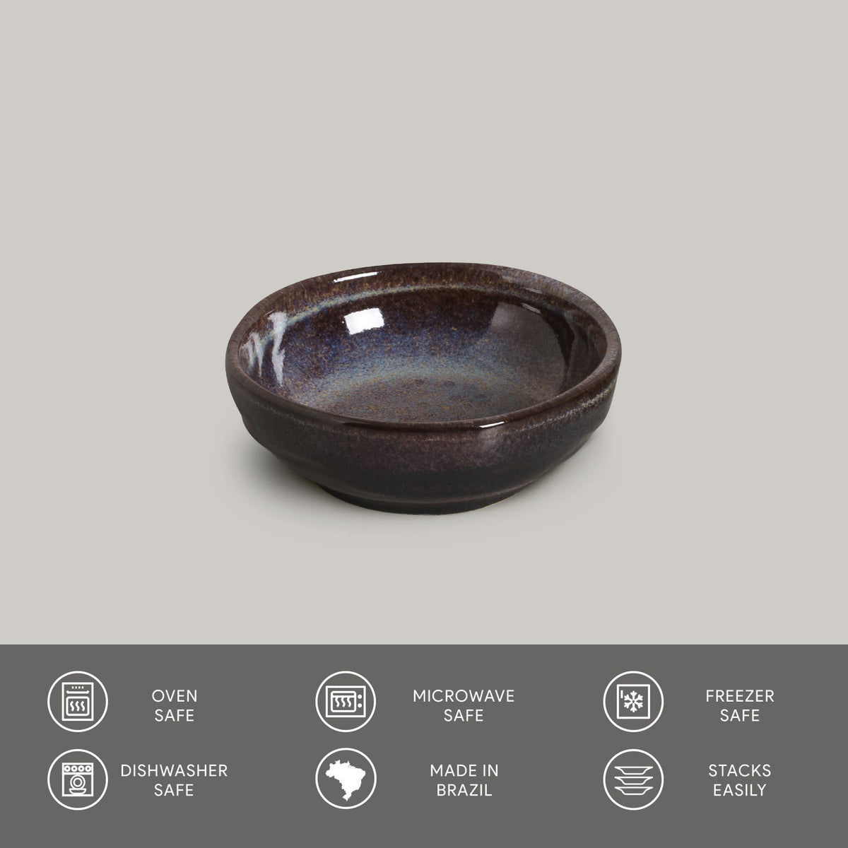 Ceramic bowl with speckled glaze on a gray background, featuring safety and feature icons at the bottom.