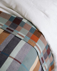 Plaid patterned blanket on a bed with white sheets