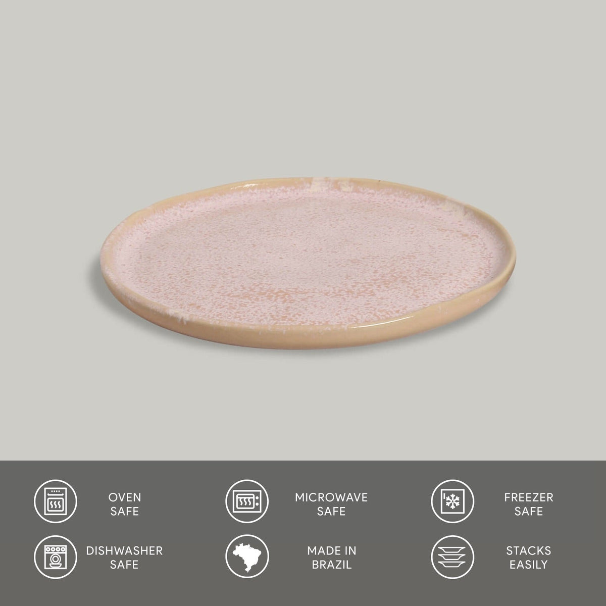 Round pink ceramic plate on a gray background with safety and feature icons below.