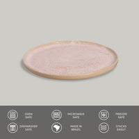 Round pink ceramic plate on a gray background with safety and feature icons below.