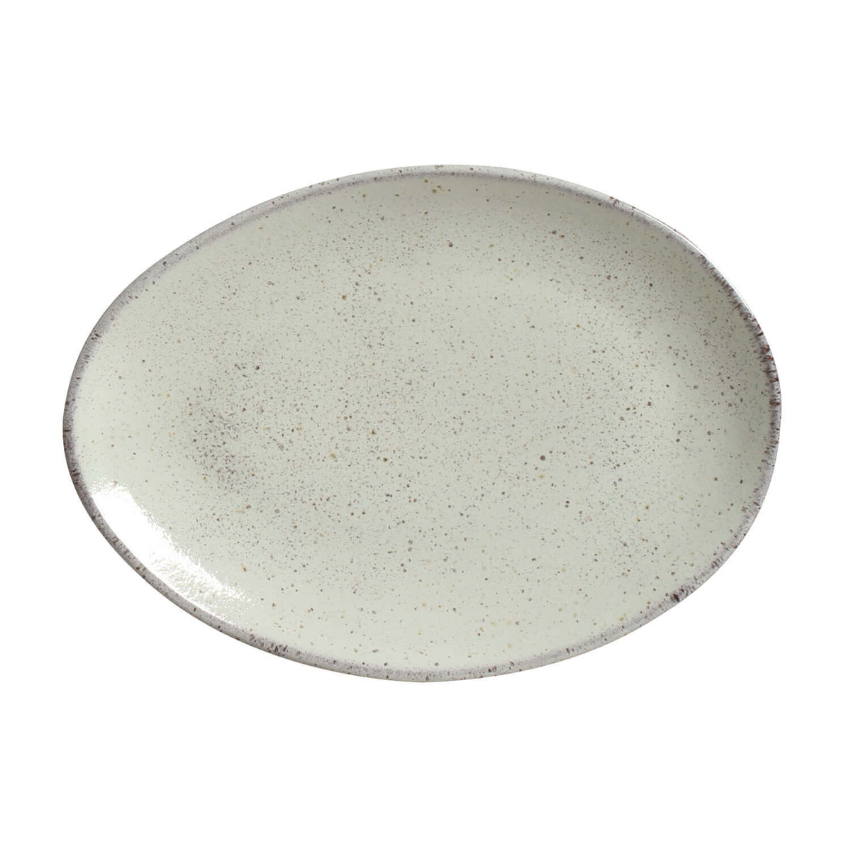 Oval ceramic plate with a speckled pattern on a white background