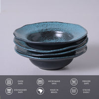 Stack of blue ceramic bowls on a gray background with safety and feature icons at the bottom.