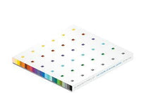Colored pencil set in packaging with multicolored dots on a white background