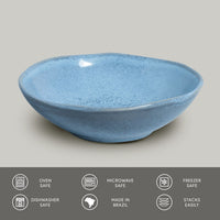 Blue ceramic bowl on a gray background with safety and feature icons at the bottom.