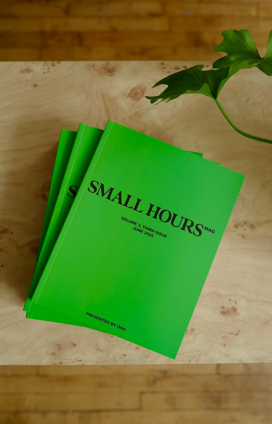 Green magazine titled 'Small Hours' on a wooden surface with a plant leaf.