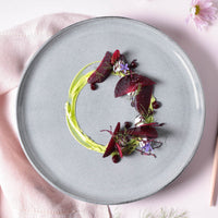 Gourmet beet dish on a gray plate with a pink background