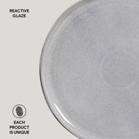 Close-up of a gray ceramic plate with 'Reactive Glaze' text and 'Each Product is Unique' label.