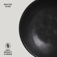 Black ceramic bowl with 'Reactive Glaze' text and 'Each Product is Unique' label on a light gray background