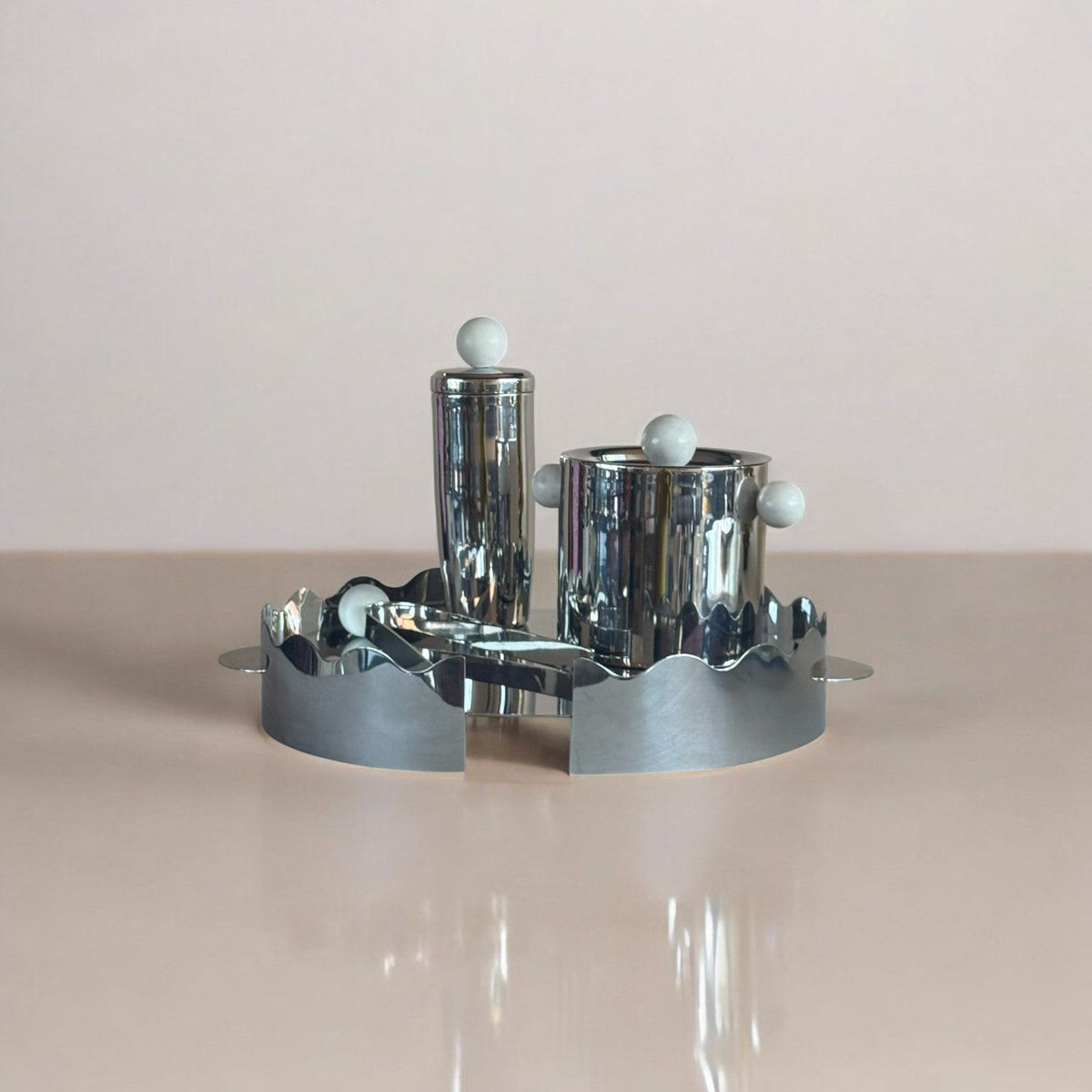 Bar set on a stainless steel tray on a neutral surface