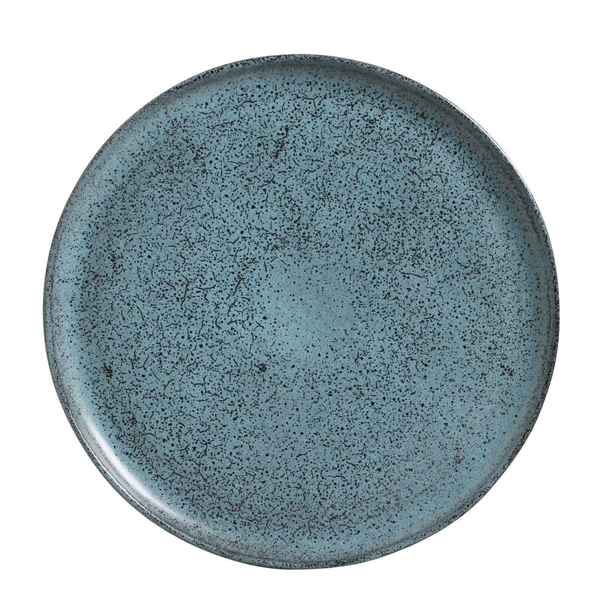 Blue ceramic plate with speckled texture on a white background