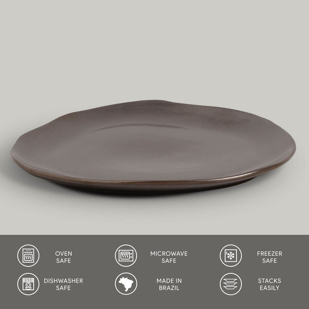 Metallic ceramic plate on a light gray background with safety and feature icons at the bottom.