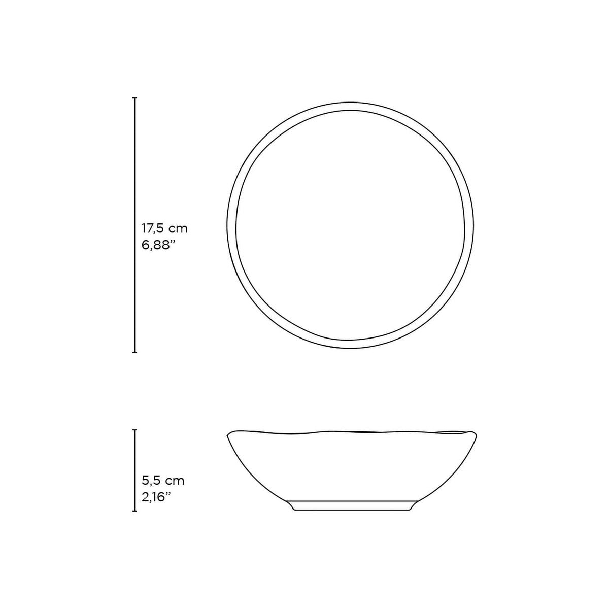 Line drawing of a round bowl with dimensions labeled