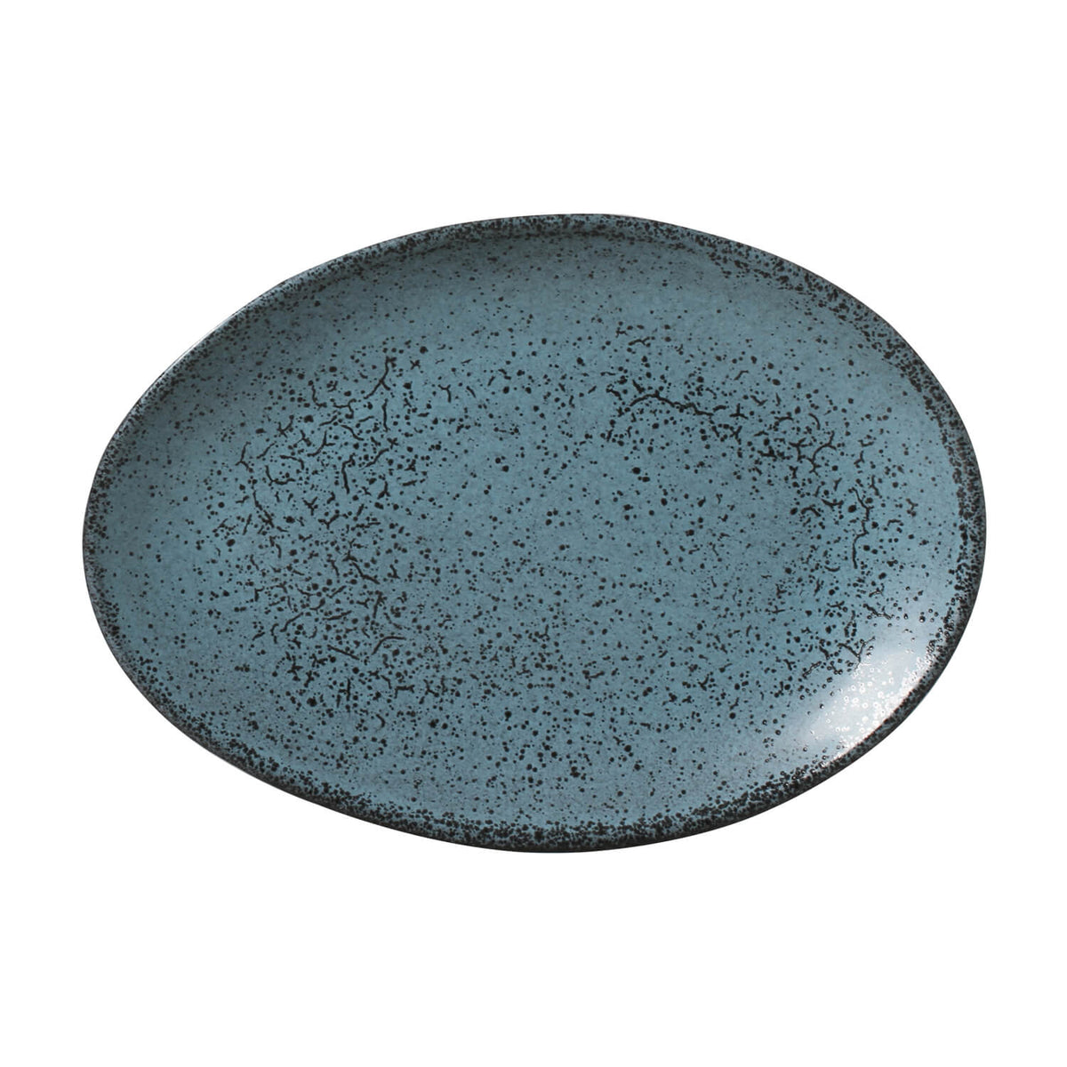 Blue ceramic plate with speckled texture on a white background